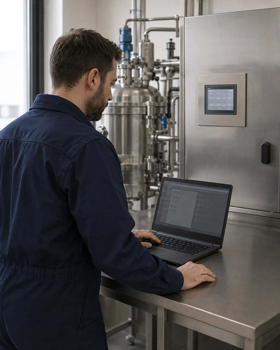Illustrative Szene: Fachperson arbeitet an einem Laptop auf einer festen Arbeitsfläche neben einer Prozessanlage mit eingebautem Bedienpanel
